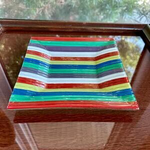 Vintage Colorful Striped Fused Glass Square Dish 7” x 7”